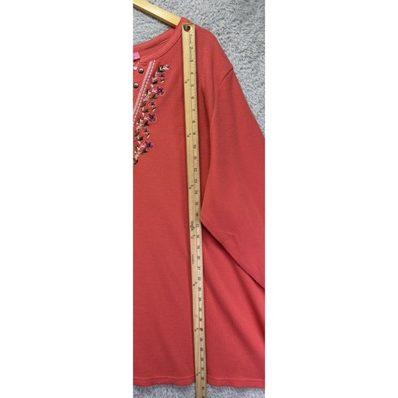 Woman Within Top Long Sleeve V-Neck Henley Embroidered Floral Pink Thermal 4X - Picture 5 of 9